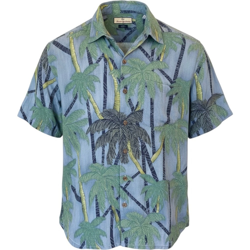 Tommy Bahama Mens Large Blue Green Silk Tropical Palm Tree Camp Shirt *FLAWS*